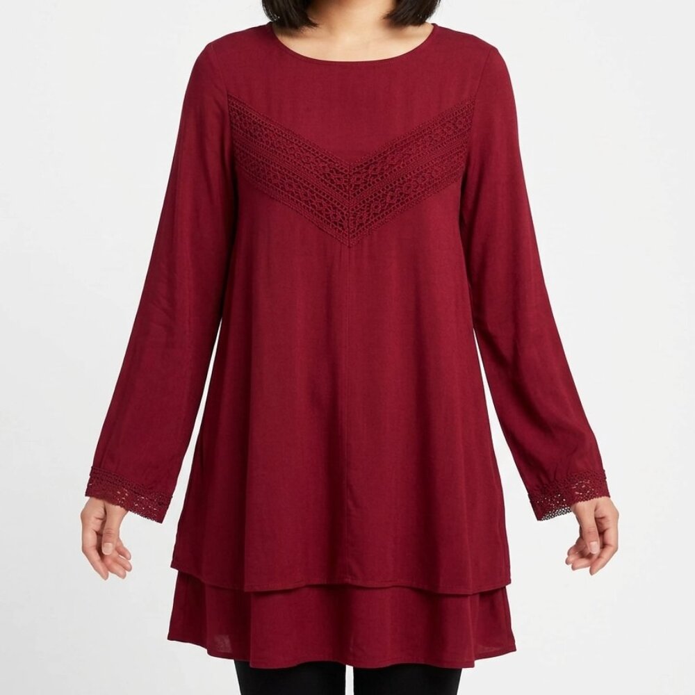 Miami Women' Burgundy Trumpet Sleeves Lacey Flowy Mini Cocktail Dress Size XS